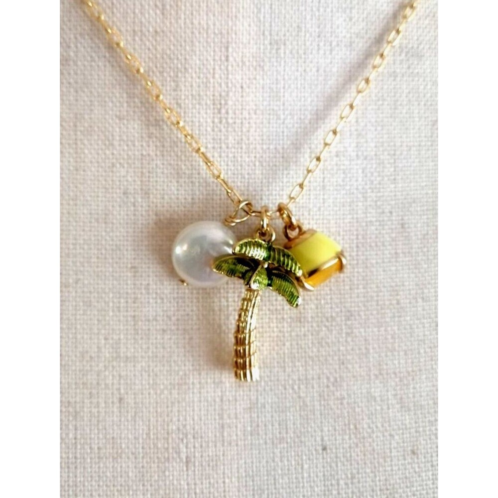 NWT J.CREW BEACHY CHARM NECKLACE Green PALM TREE FRESHWATER PEARL YELLOW STONE